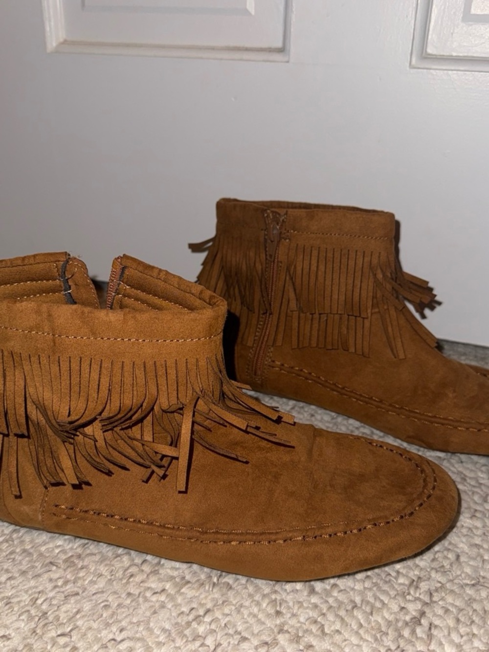 Fringed Suede Ankle Boots - Cognac Brown